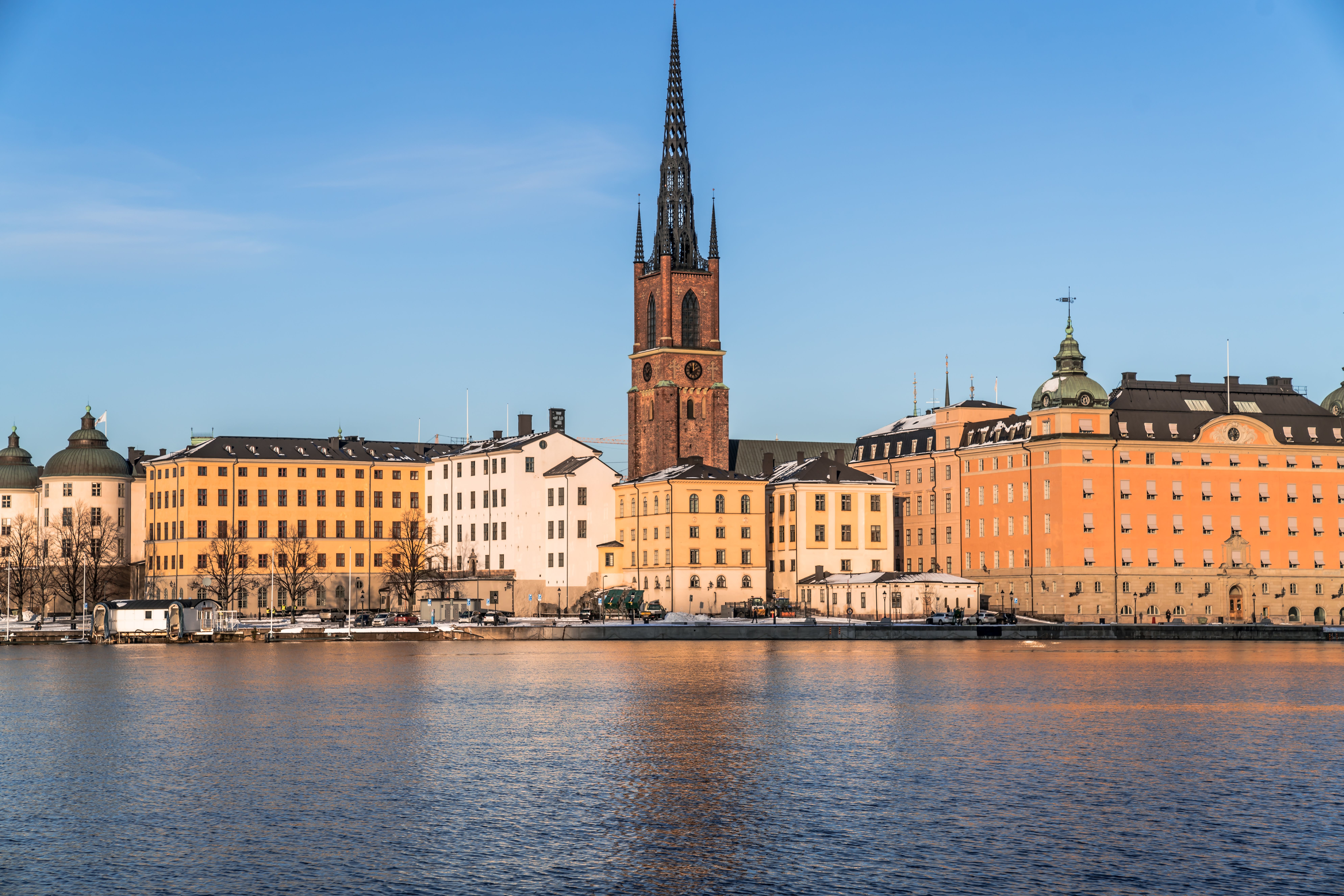 Countless rocky islands and calm waters of the Swedish archipelago at sunset